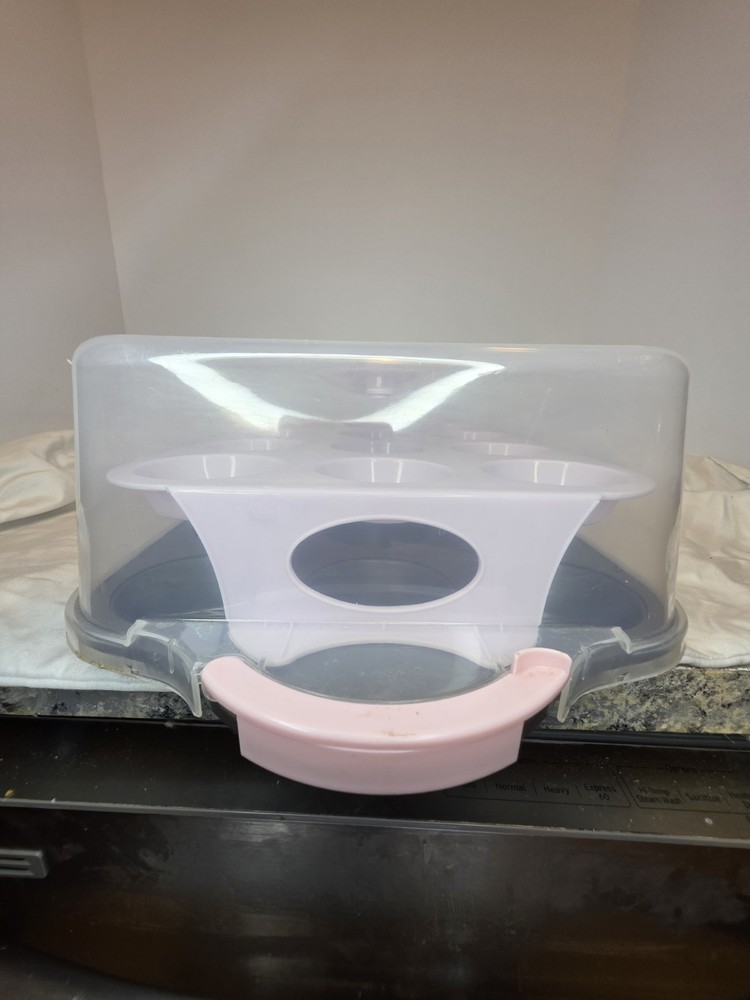 Cupcake Caddy Pink Tier Clear Dome W Lock Clips & Handle