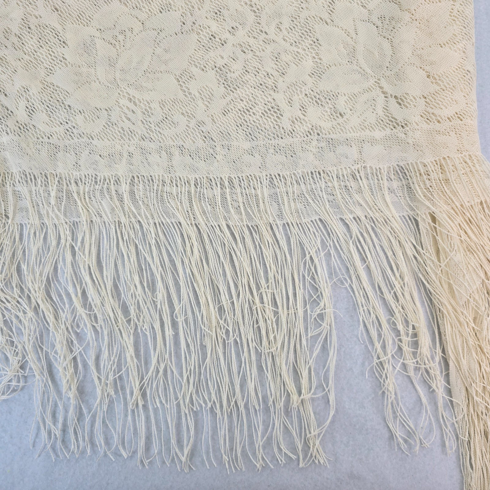 Vintage Large Woven Shawl with Fringe Floral Boho Made In Japan Cream