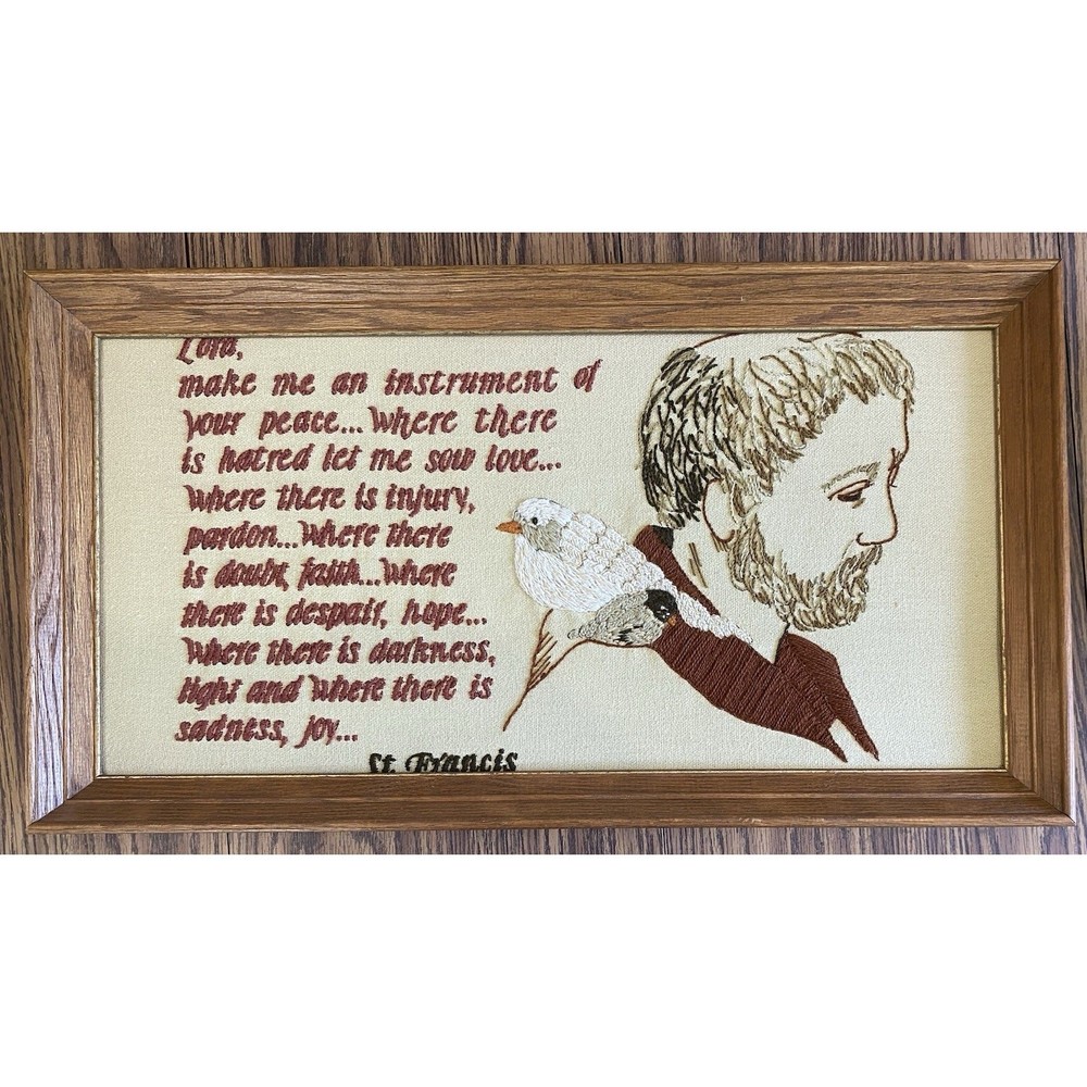 Vintage Needlepoint Crewel Framed St. Francis Prayer 26x14.5” Birds Religious