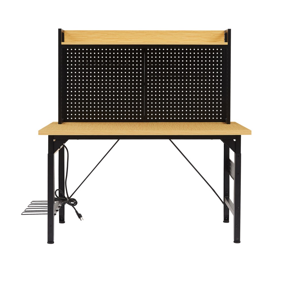 48" Adjustable Rolling Workbench w/ Pegboard, Outlets & Shelves - Wood Top