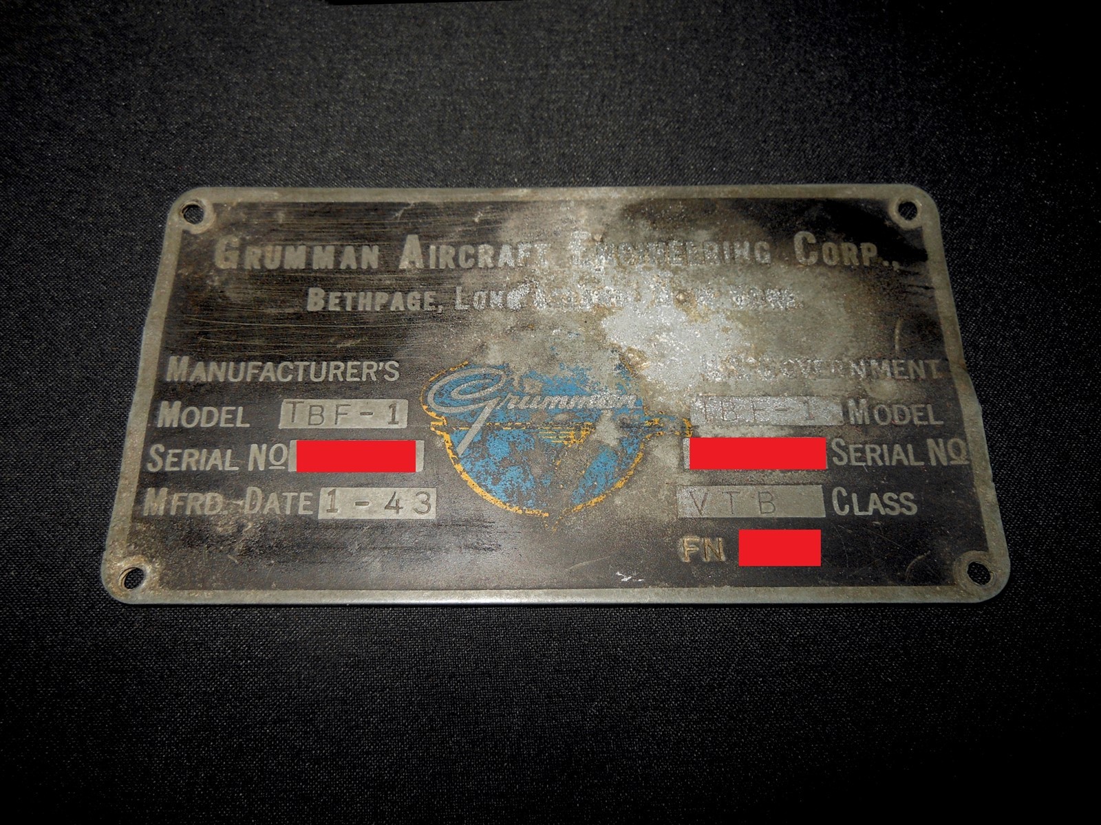WW2 British Royal Navy FAA Aircraft - TBF-1 AVENGER MAIN DATA PLATE - VERY NICE!