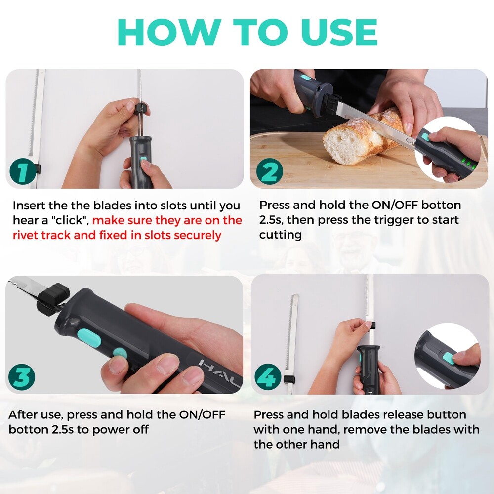 HAUSHOF 8V Cordless Electric Knife Set Meat Cutter Stainless Steel Blades w/Case