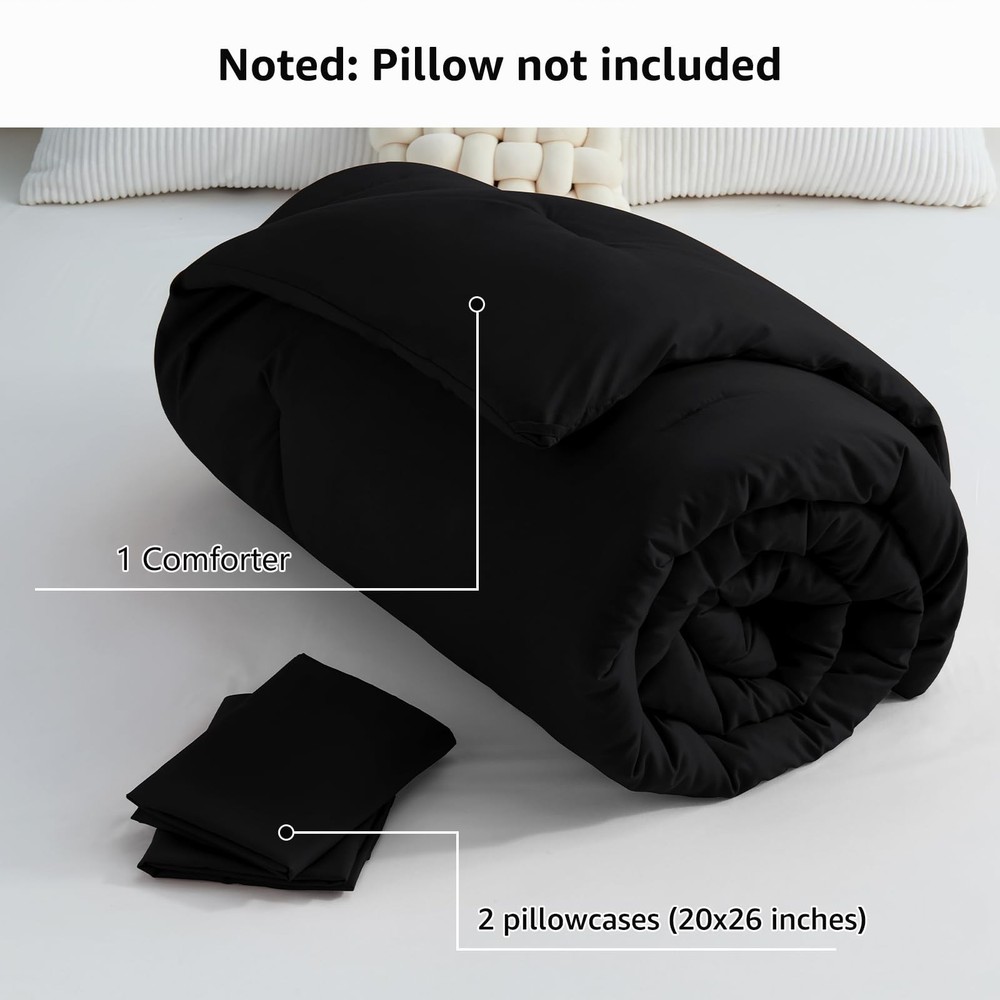 CozyLux Queen Comforter Set Black, 3 Pieces Solid Comforters Queen, Black