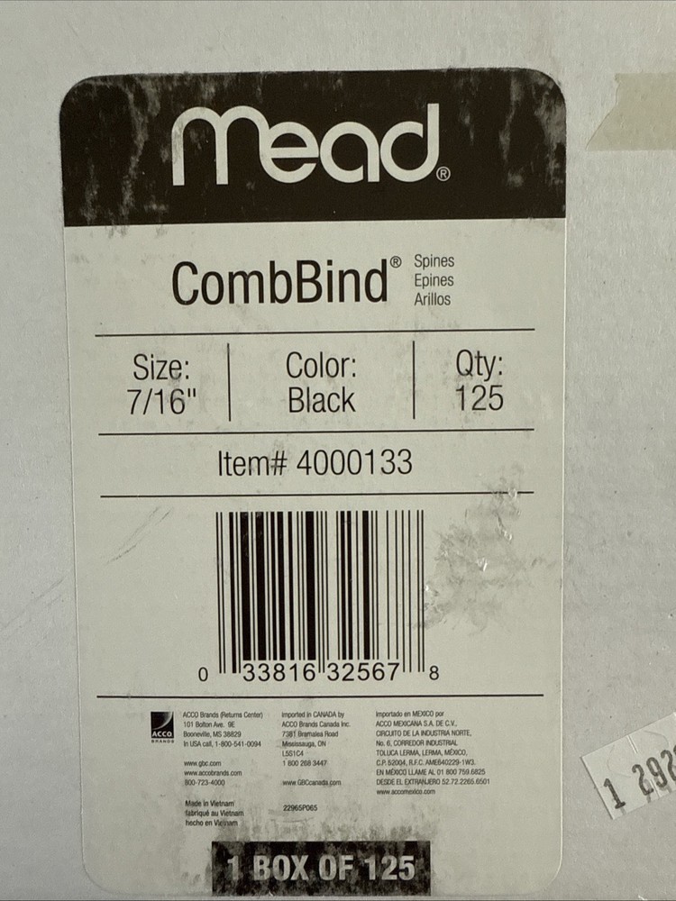 Mead CombBind Black Binding Spines  #4000133 Qty 125