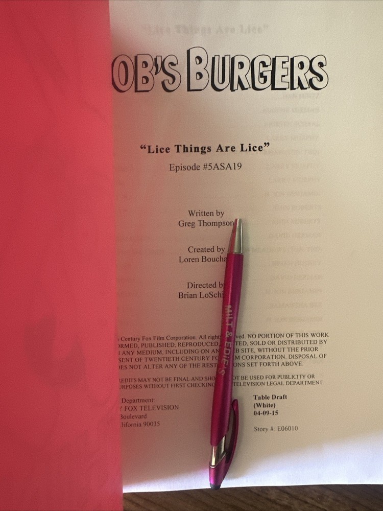 ORIGINAL 2015 Bob’s Burgers Table Read Script Fox Screenplay Lice Things
