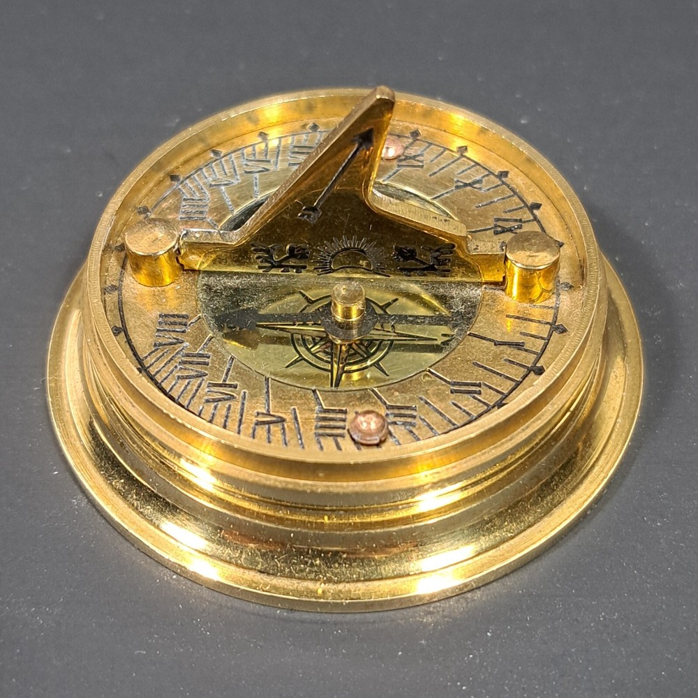 Vintage Solid Brass Compass with Folding Sundial - Maritime Navigation