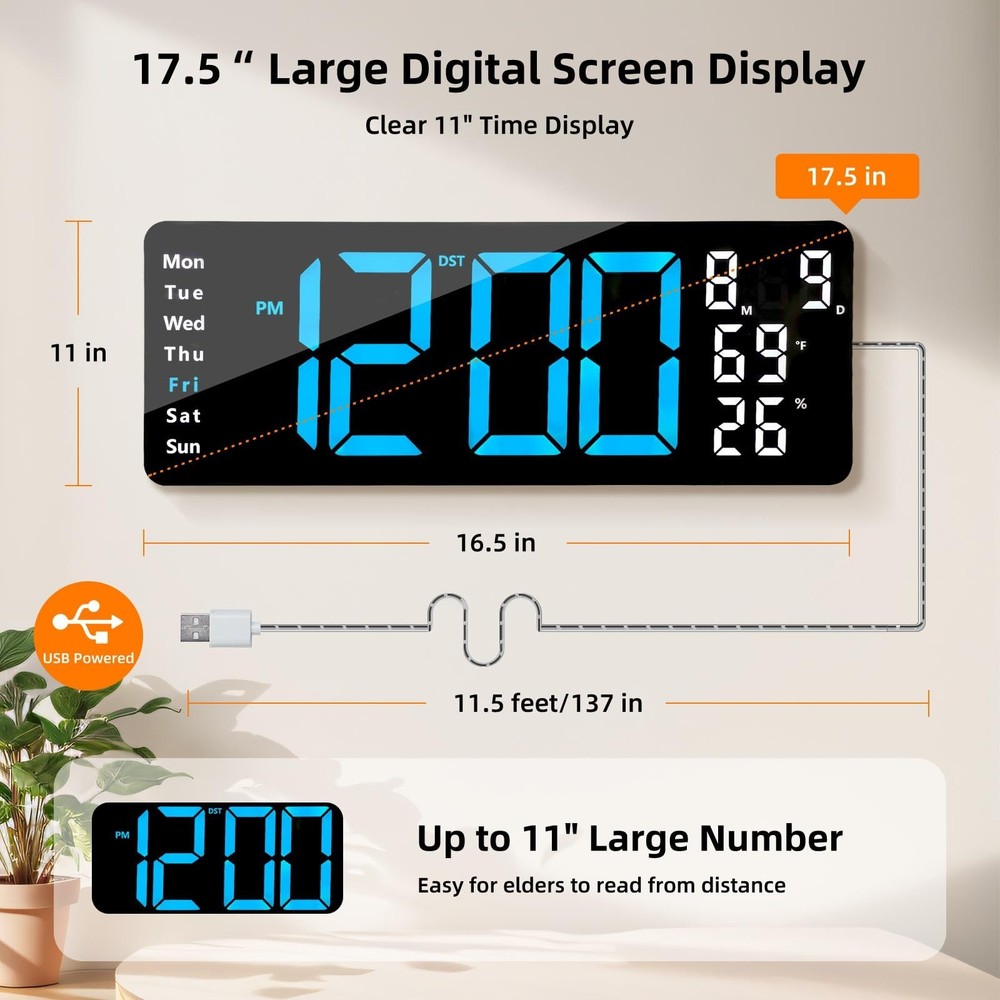 17.5” Digital Wall Clock, LED Display with Time, Date, Month, Temperature