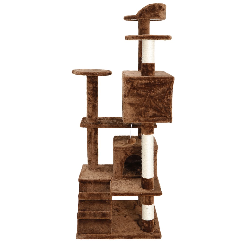 53" Cat Tree Activity Scatch Tower Kitty Play House Plush Perch w/Ladders Brown