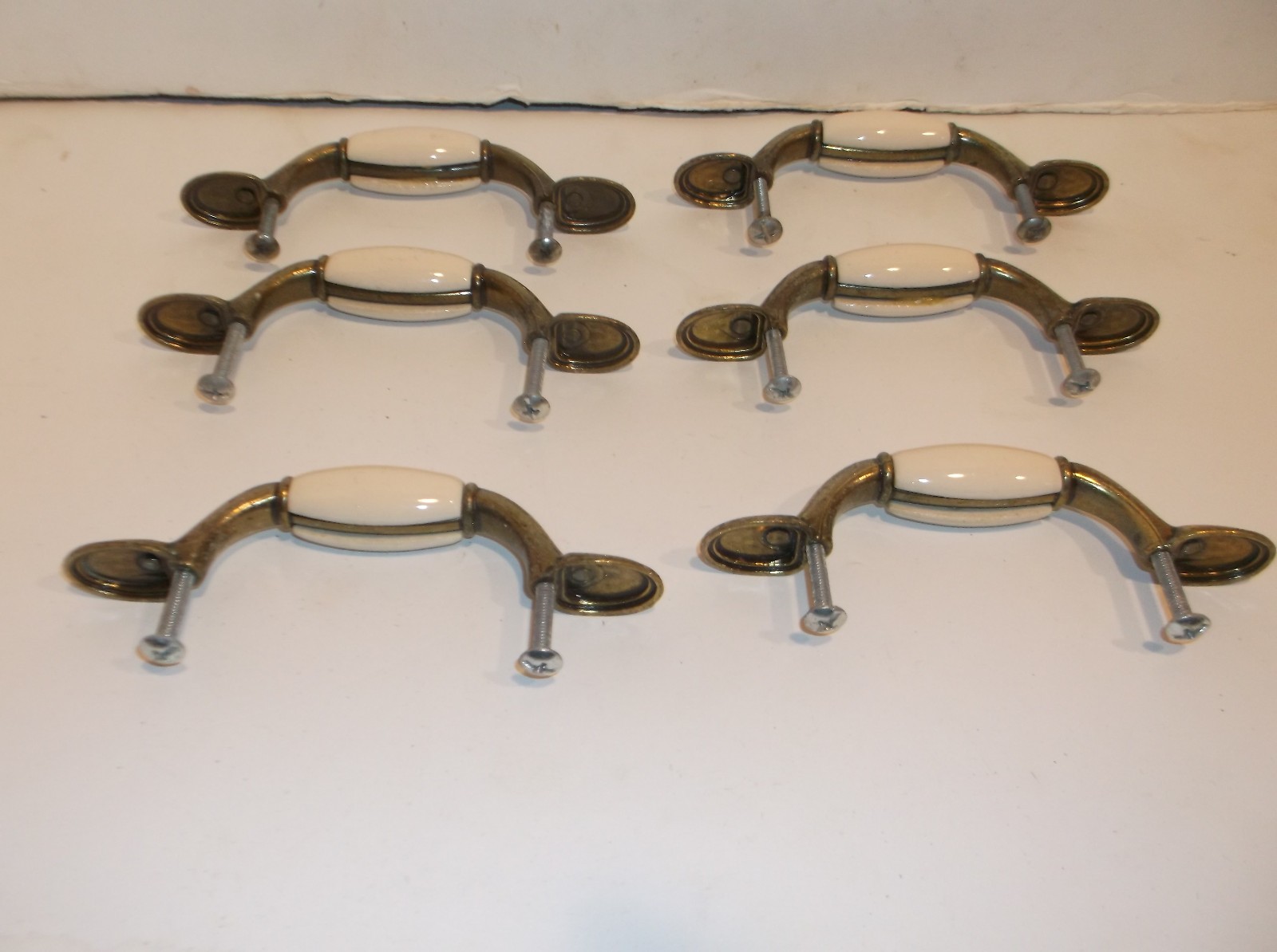 Lot of 6 Ceramic & Brass Cabinet/Drawer Pulls 5" c-c 3"