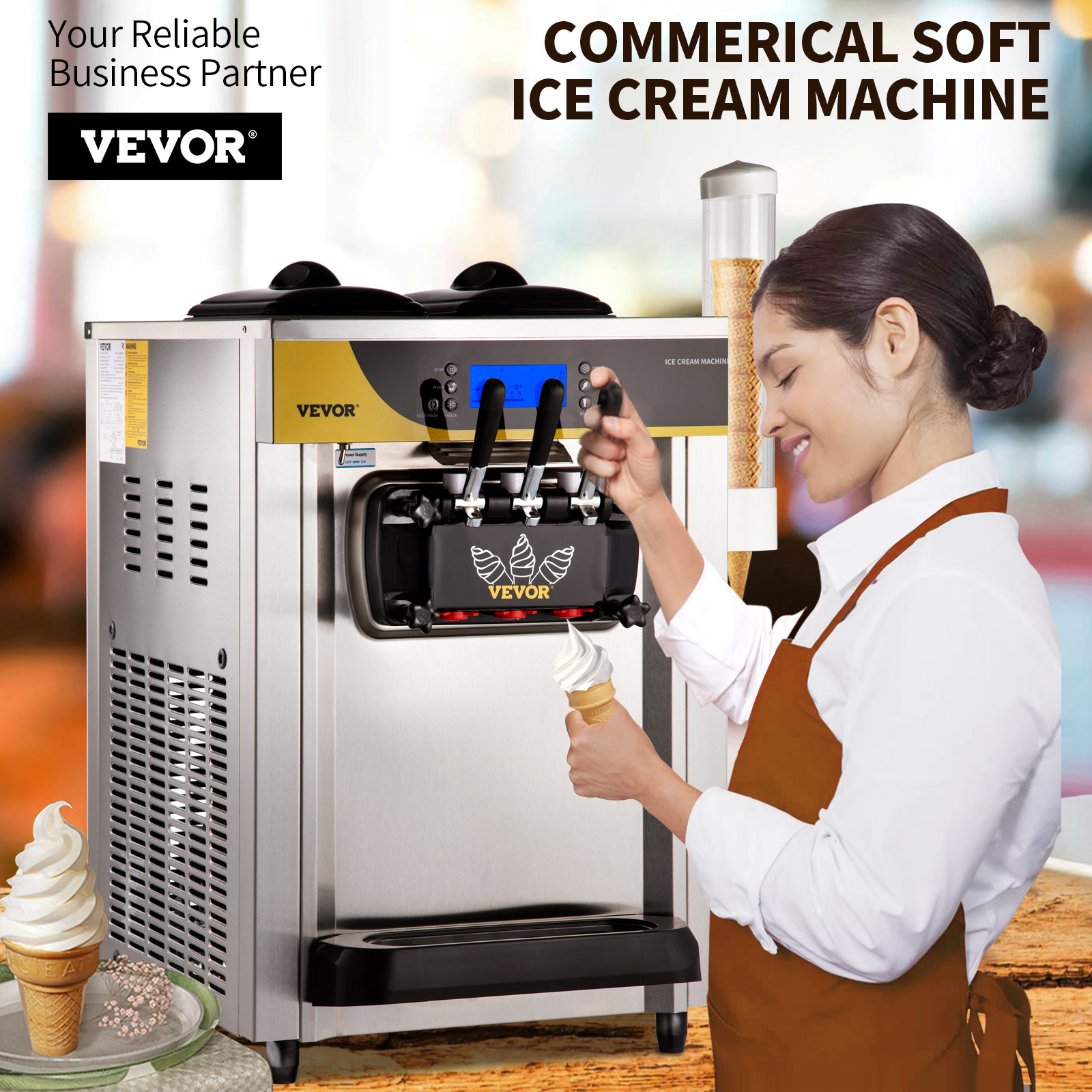 VEVOR Countertop Soft Serve Ice Cream Maker 22-30L/H 2200W Frozen Yogurt Machine