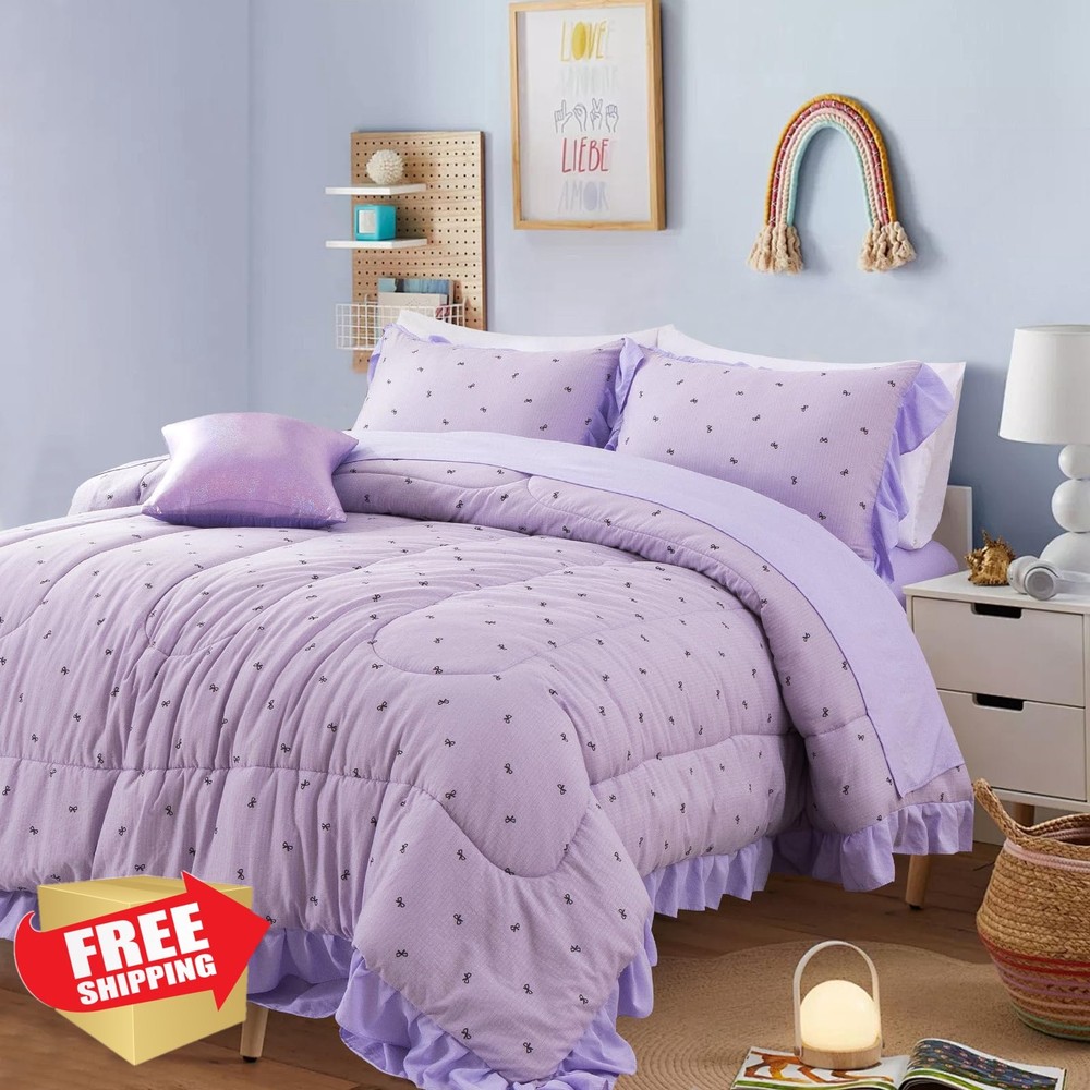 Nice Night Bow Print Purple Bedding Set Full 6 Piece