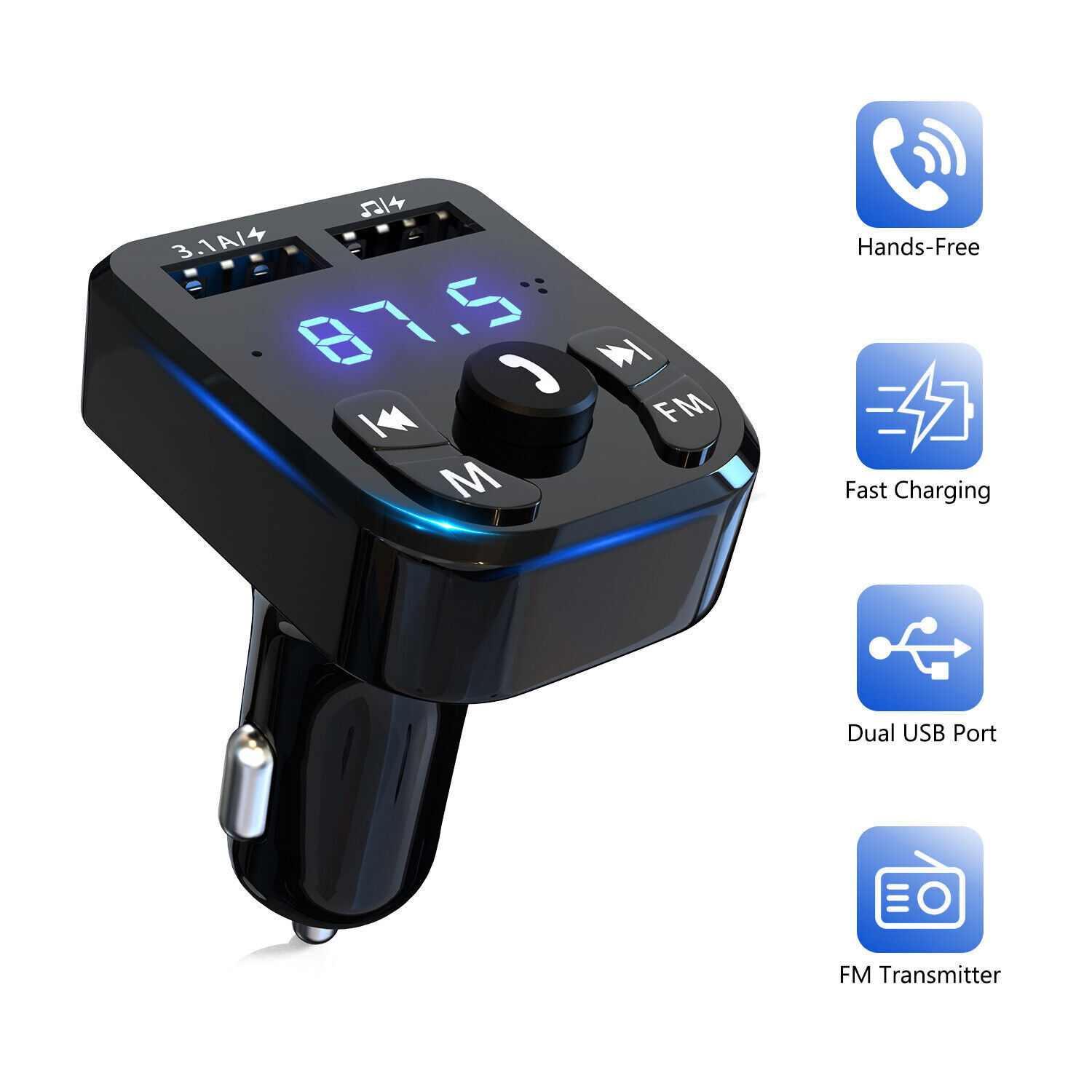 Bluetooth 5.0 Car Wireless FM Transmitter Adapter 2USB PD Charger AUX Hands-Free
