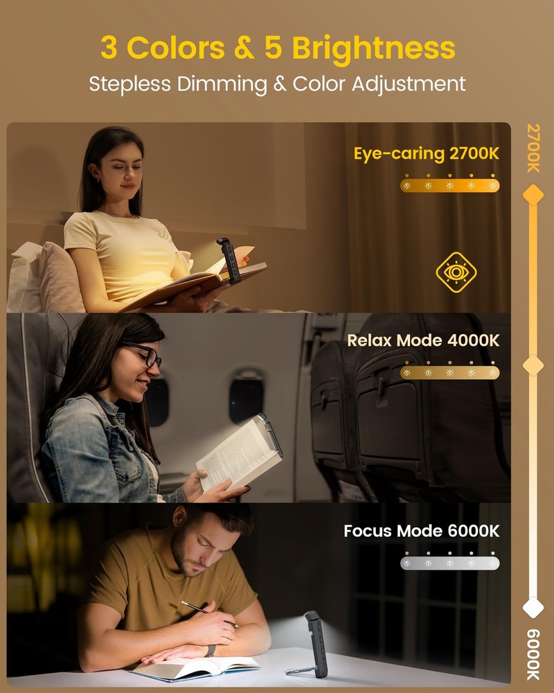 Extendable Book Light Reading Lamp Clip On USB Rechargeable 5 Brightness