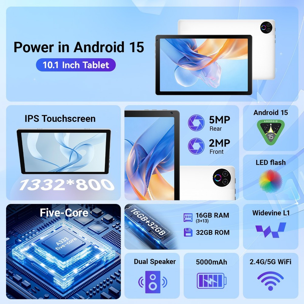 10.1 inch Android 15 Tablets IPS HD Octa-Core 16+32GB Dual Camera Touchscreen