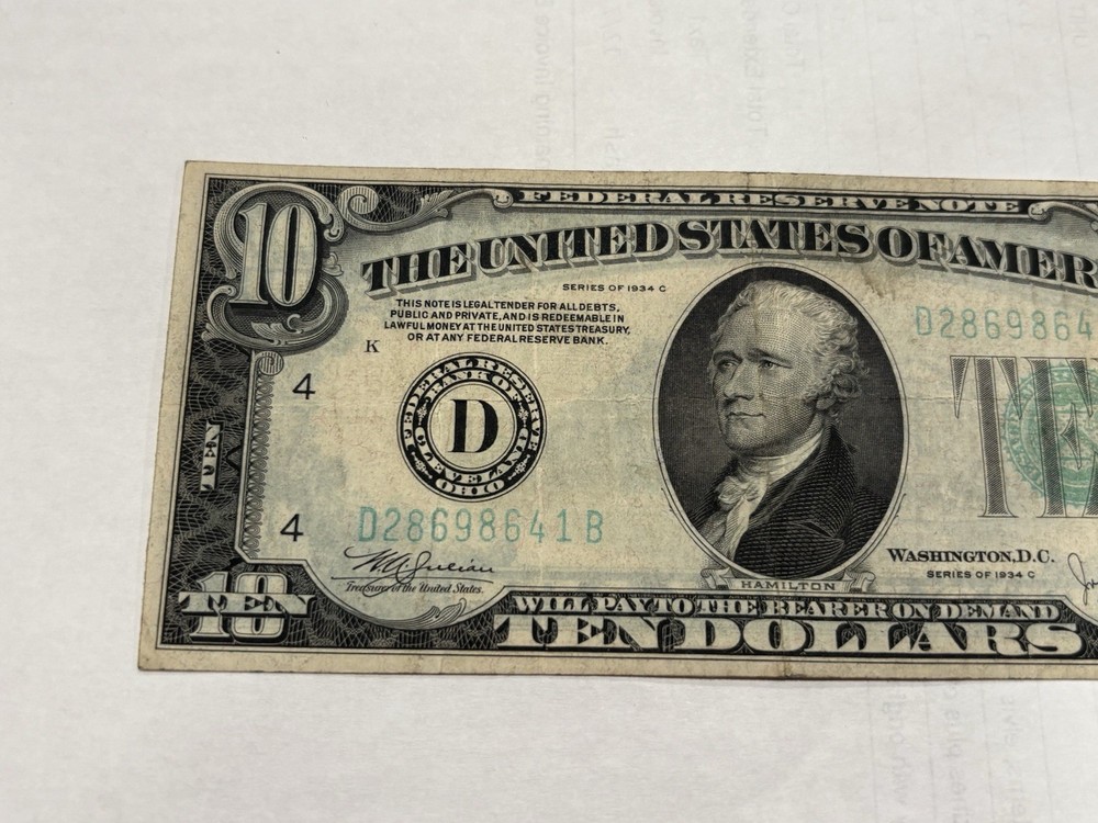 1934C $10 Federal Reserve Note GUTTER FOLD ERROR