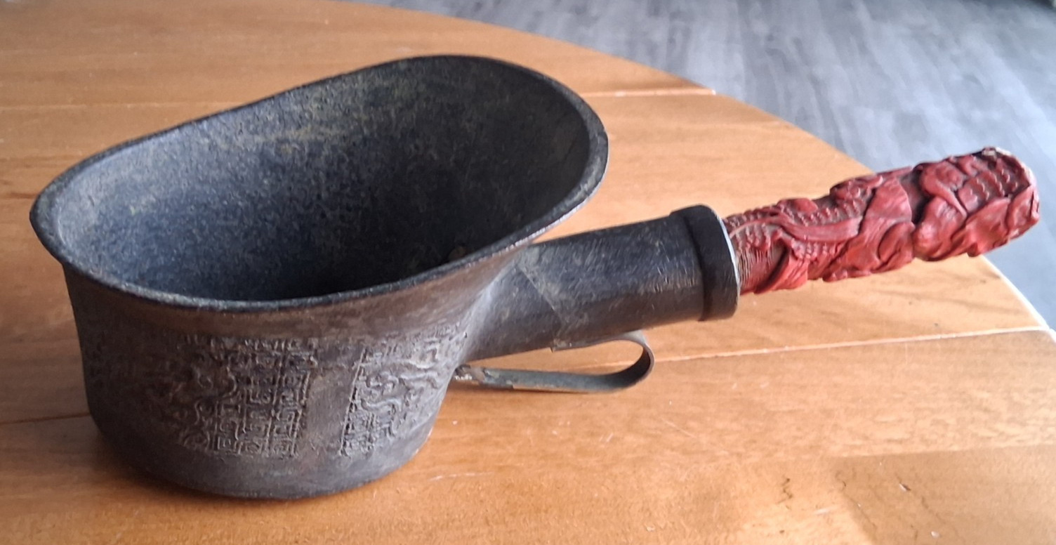 Antique 12" Big Chinese Bronze Silk Iron w/ Carved Cinnabar Handle, Hole Shown