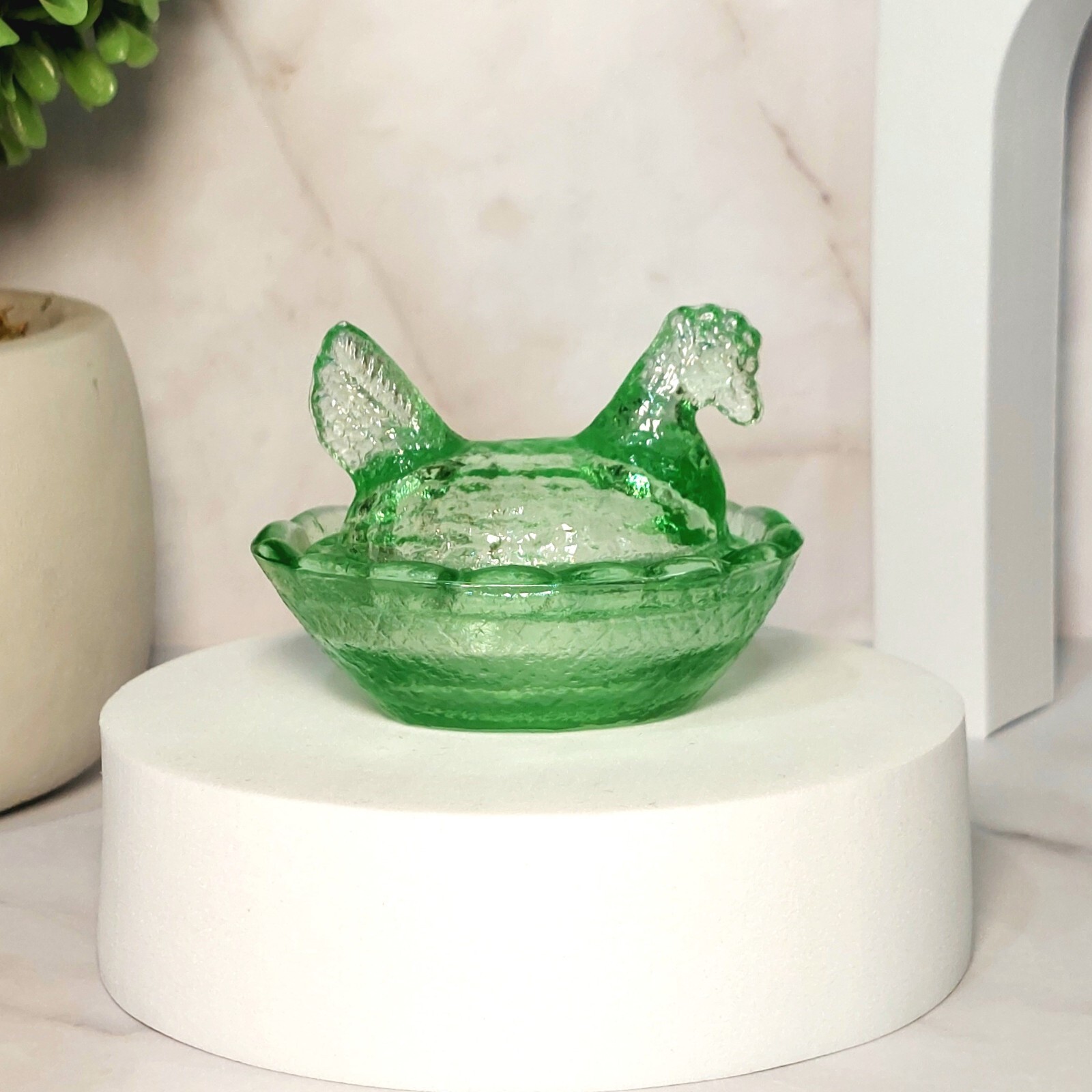 Green Depression Style Glass Mini Hen on Nest Chicken Salt Dish, Vintage Style