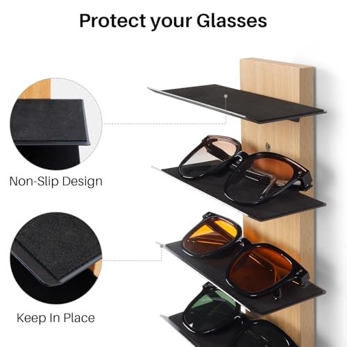 Wall-Mounted Sunglasses Organizer - Solid Wood 6-Tier Eyeglasses Display Rack