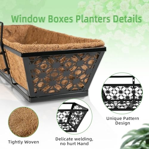Window Planter Box with Adjustable Bracket and Coco Liner for 24 inch 4 pcs