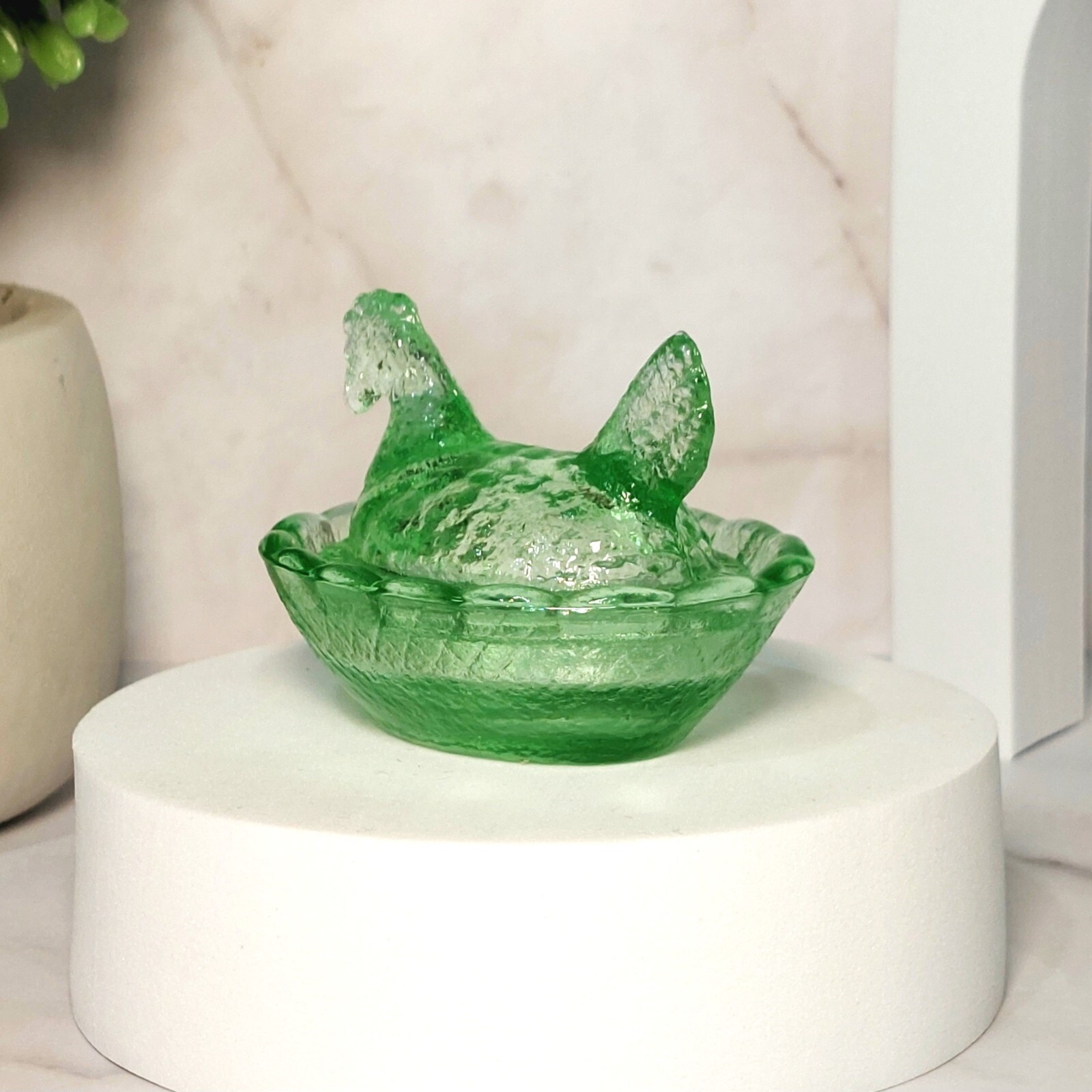 Green Depression Style Glass Mini Hen on Nest Chicken Salt Dish, Vintage Style
