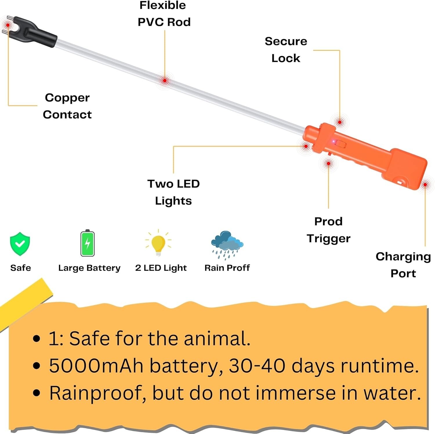 Waterproof Electric Cattle Prod Rechargeable Livestock Shock Stick w LED Lights