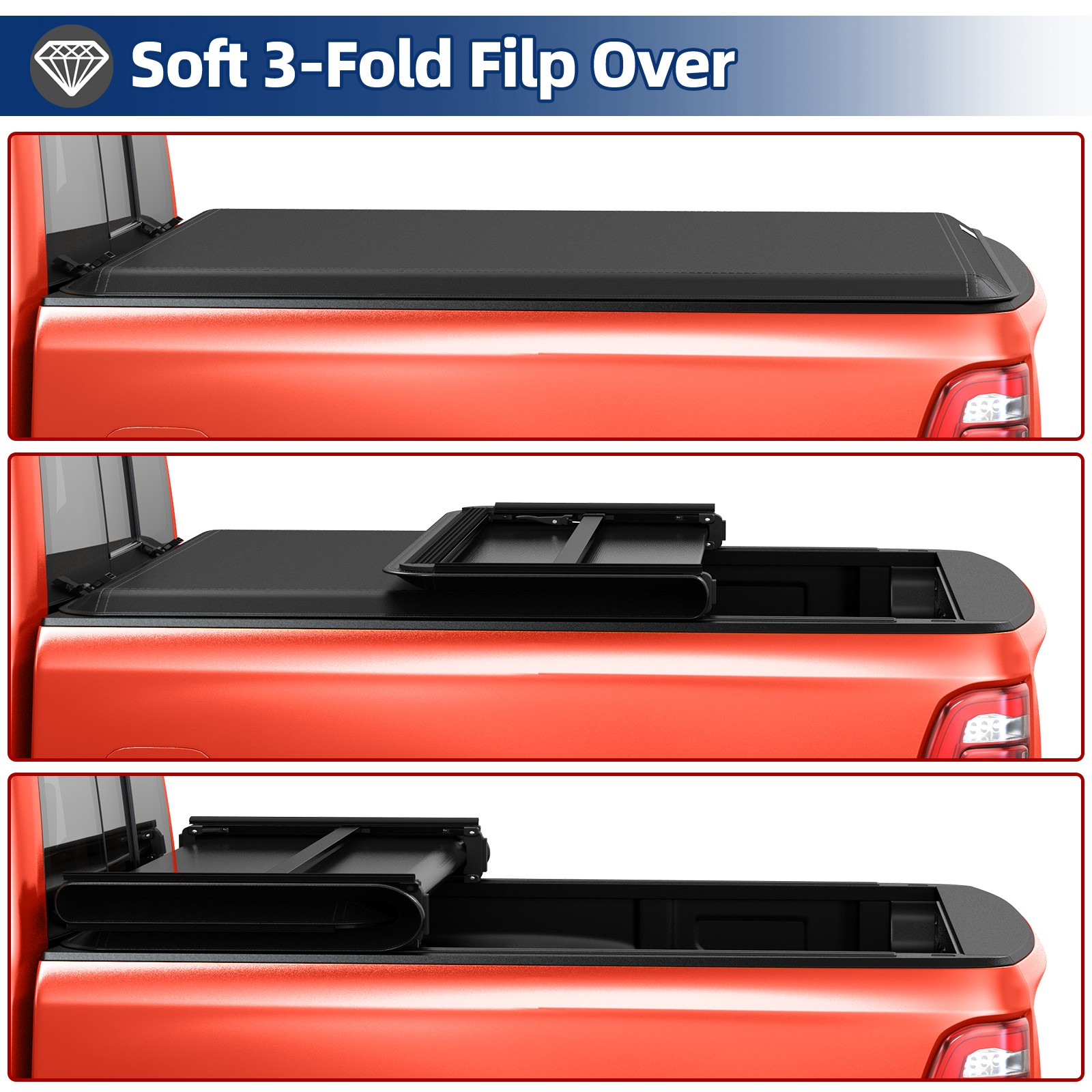 Soft Tri-Fold Tonneau Cover for 2024 2025 Toyota Tacoma 5ft Truck Bed w/ Lamp