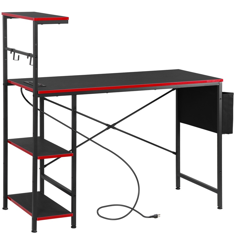 44" Computer Desk Rectangular Gaming Desk with LED Lights & Power Outlets Black