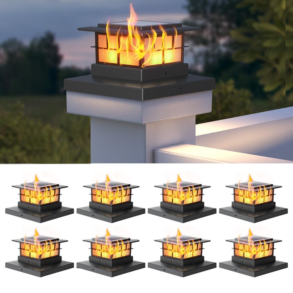 LUTEC 8 Pack Solar Post Cap Lights, IP65 Waterproof Flame 8 Pack, Black