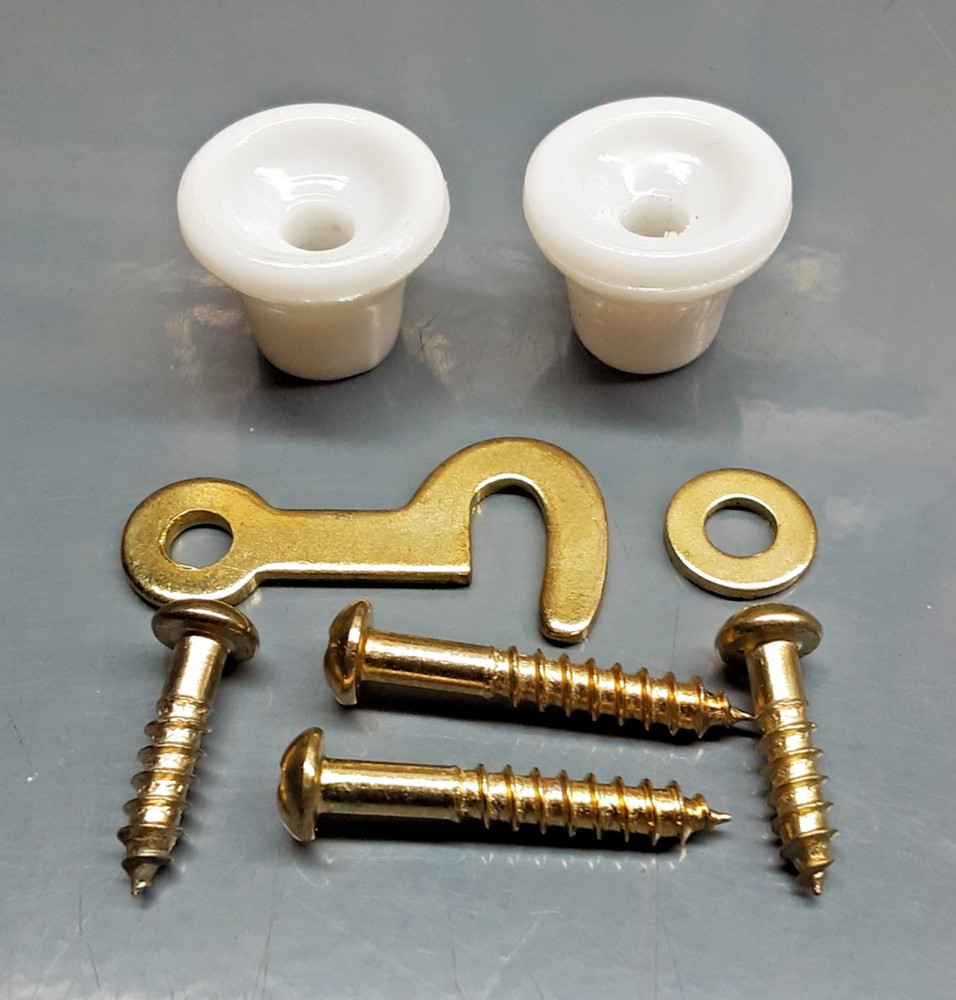 Drawer Knobs Pulls Pr. 3/4" Plastic Plus Brass Hook Latch & Screws, NOS Repro