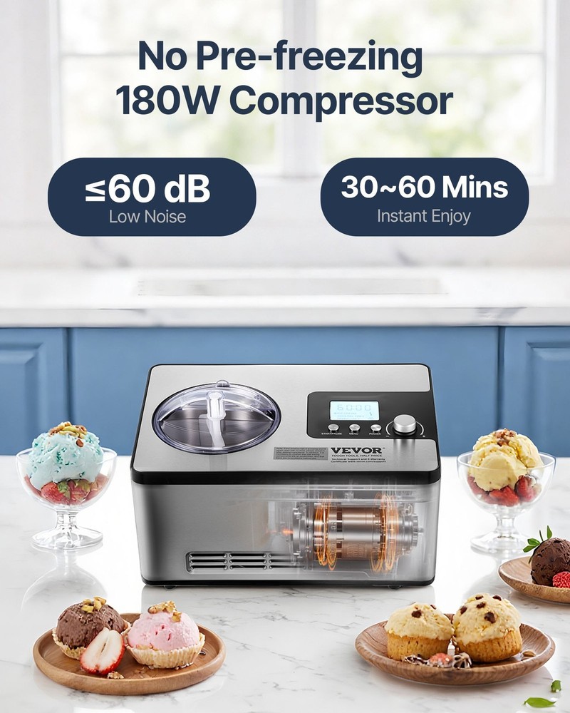 Automatic Ice Cream Maker with Built-in Compressor, 2 Quart No Pre-freezing Frui