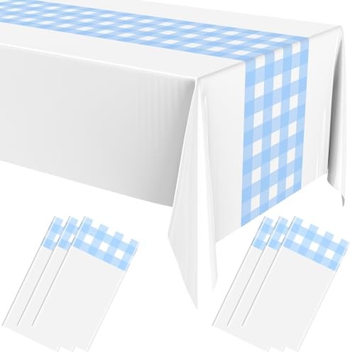 Checkered Disposable Plastic Tablecloth with Retro Gingham Table 6 Blue White