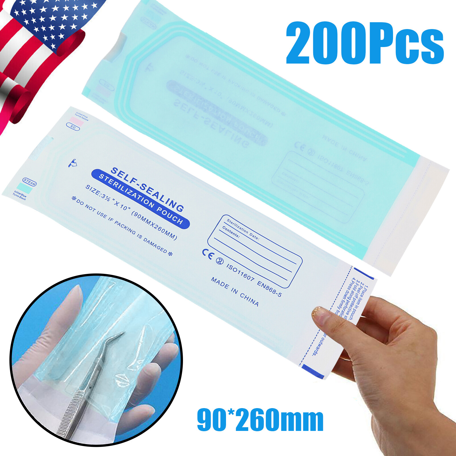 200 pcs 3.5" x 10" Self-Sealing Sterilization Pouches Sterilizer Bags Autoclave