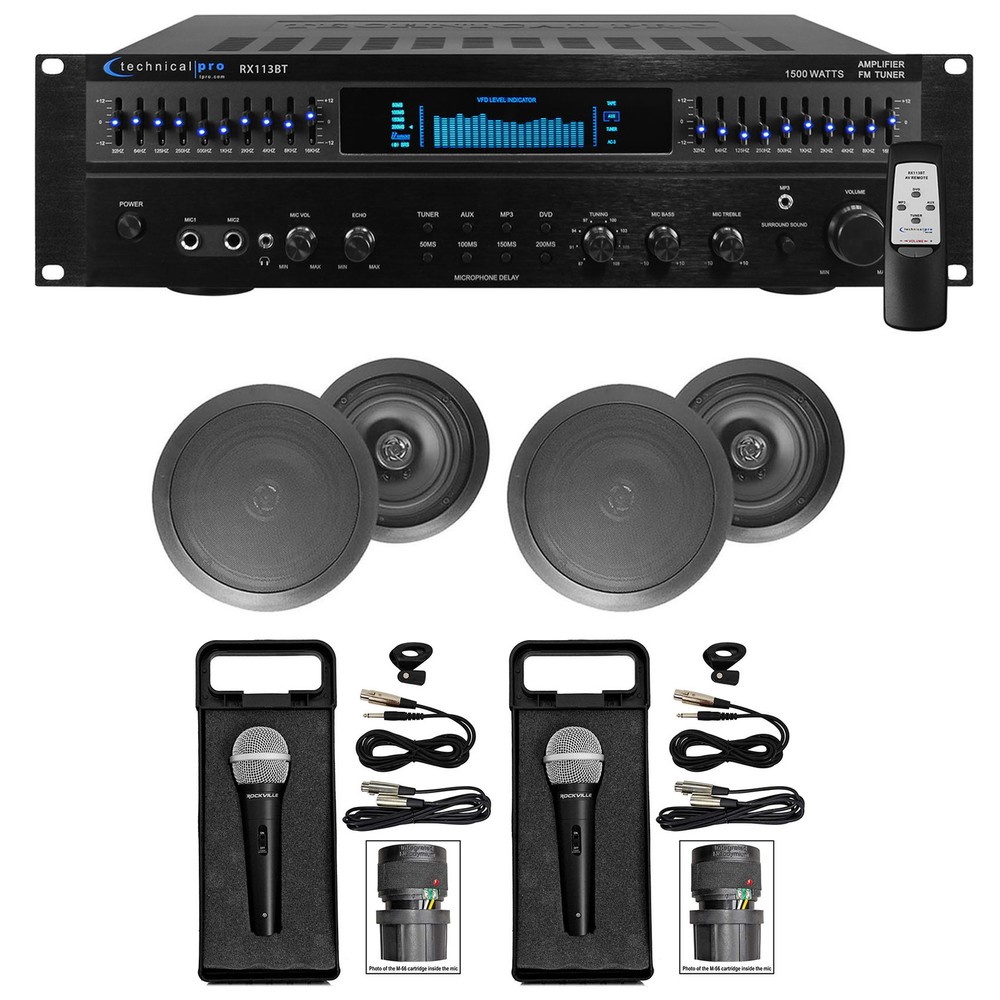 Technical Pro 1500 Watt Home Karaoke Machine System+4) 8" Black Ceiling Speakers