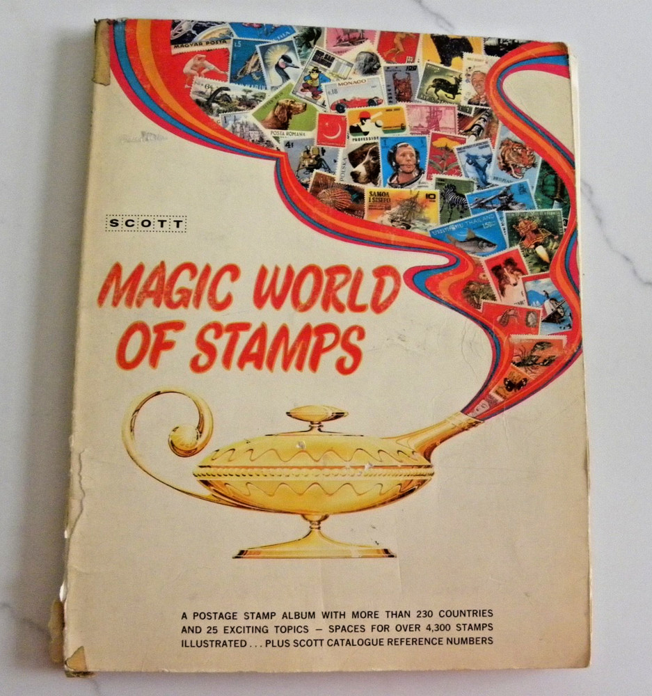 Scott  Magic  WORLD OF STAMPS Postage Stamp Album  1972  has 260+ stamps