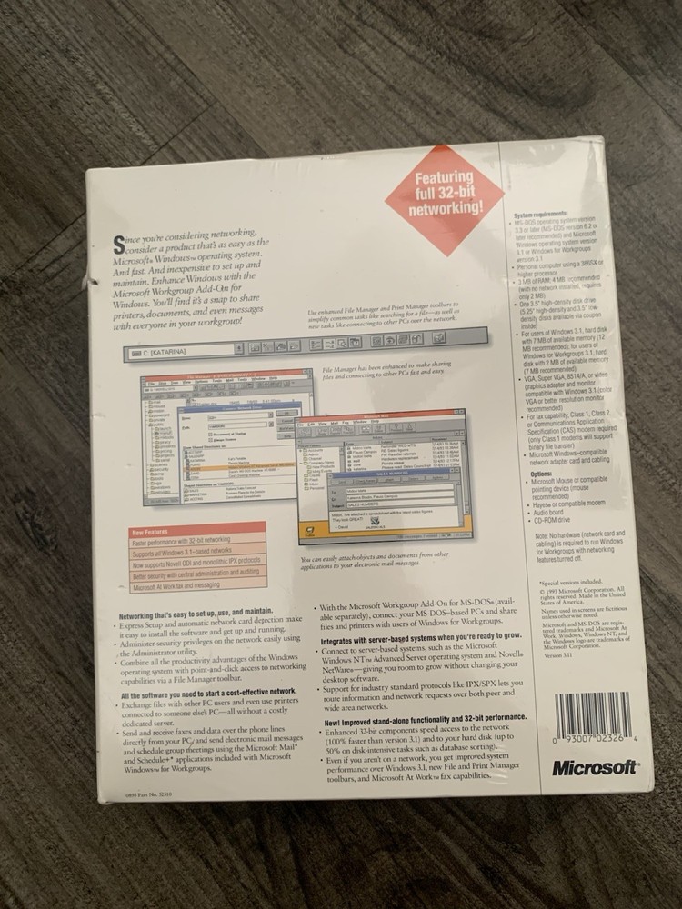 Microsoft Workgroup Add-on For Windows Version 3.11 Network Software New 1993