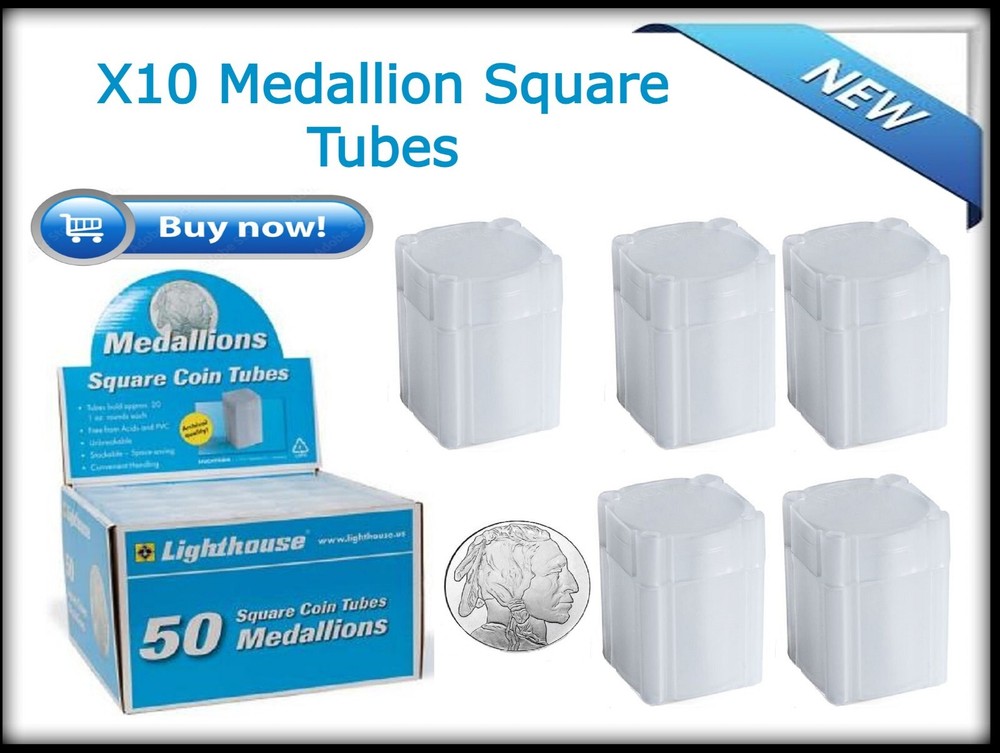X10 Lighthouse Square Tubes Medallion /SIlver  40mm Archival Quality & Stackable