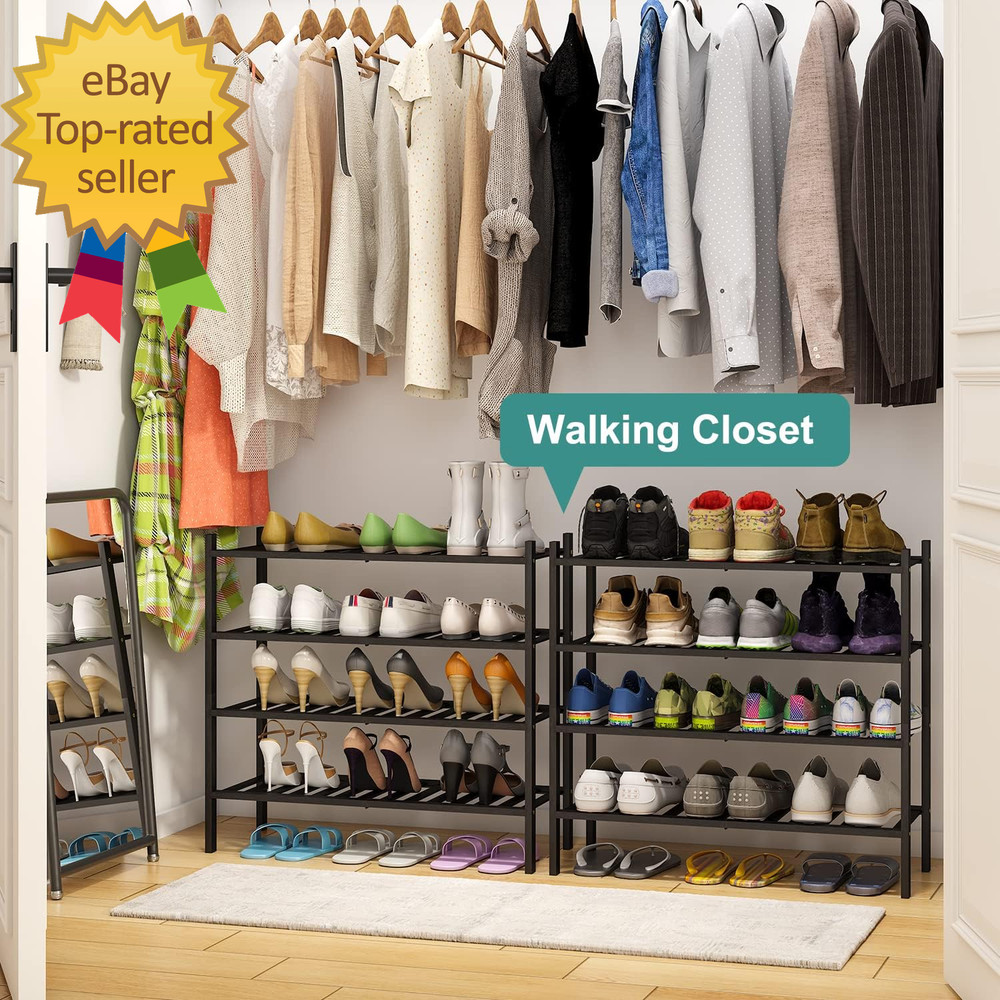 4-Tier Black Bamboo Shoe Rack for Entryway, Stackable | Foldable | Natural, Shoe