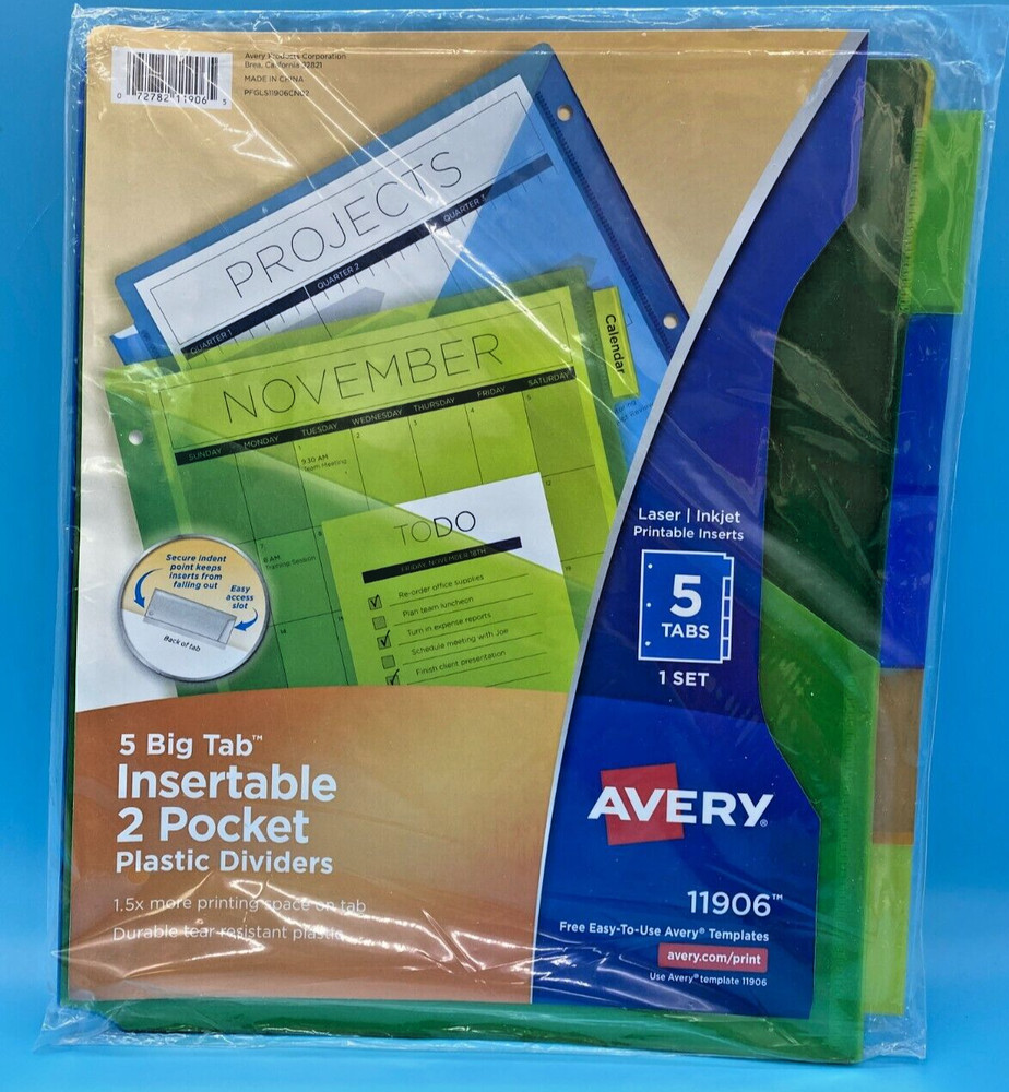 Avery Lazer Inkjet Printable Inserts 5 Tab 1 Set 2 Pocket Tear Resistant Plastic