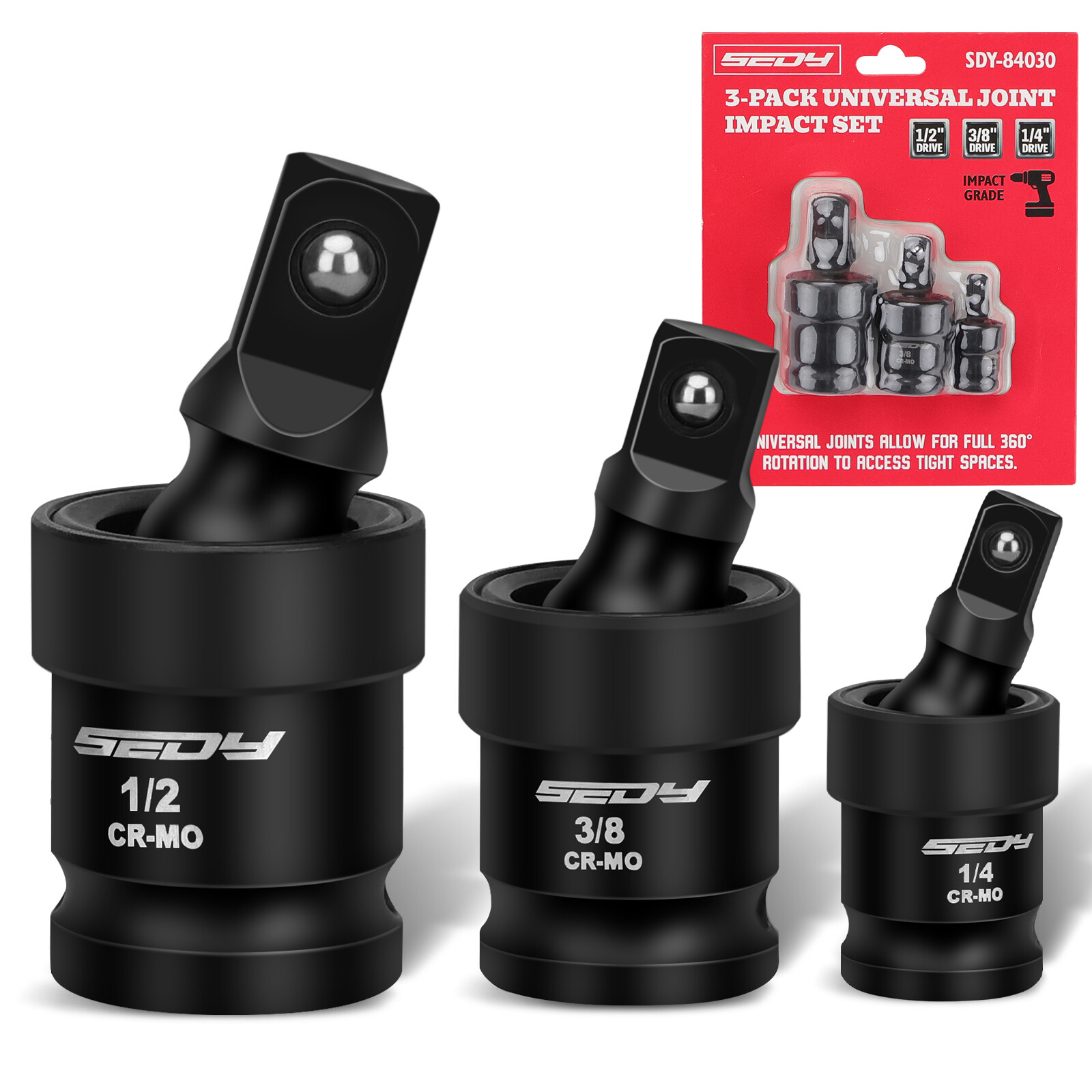 HORUSDY Premium Impact Universal Joint Socket Swivel set 3Pc Ball 1/2" 3/8" 1/2"