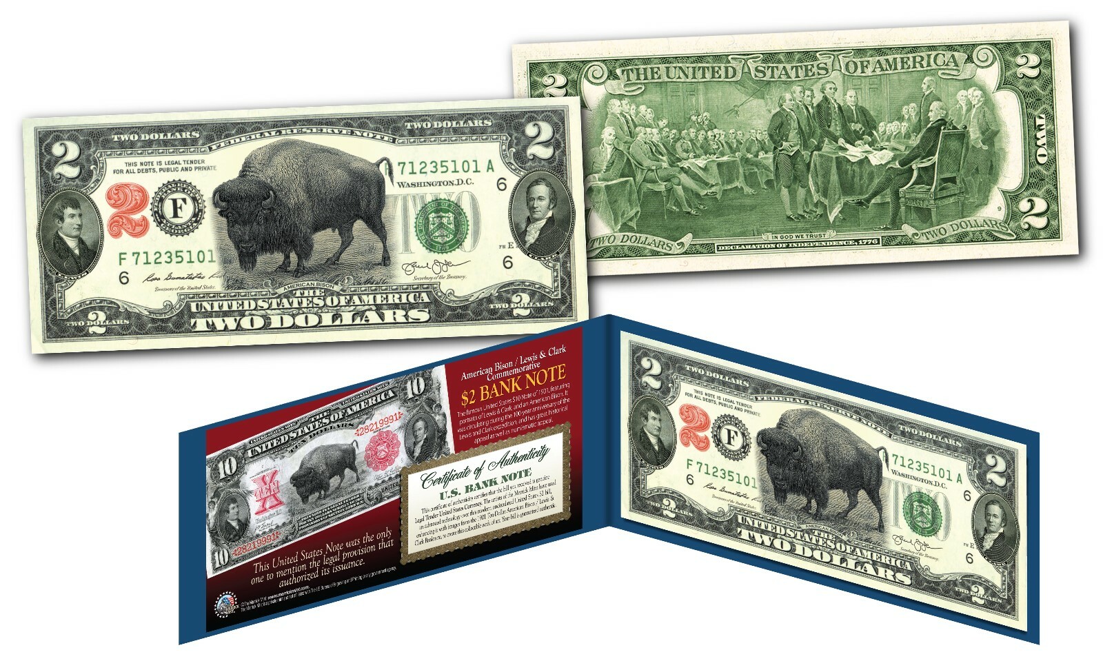 Bison Buffalo / Lewis & Clark 1901 $10 Banknote on Modern Genuine $2 U.S. Bill