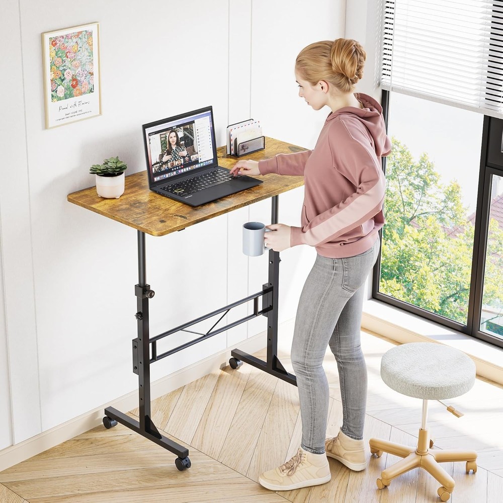 Portable 32-Inch Adjustable Standing Desk with Wheels - Rustic Finish