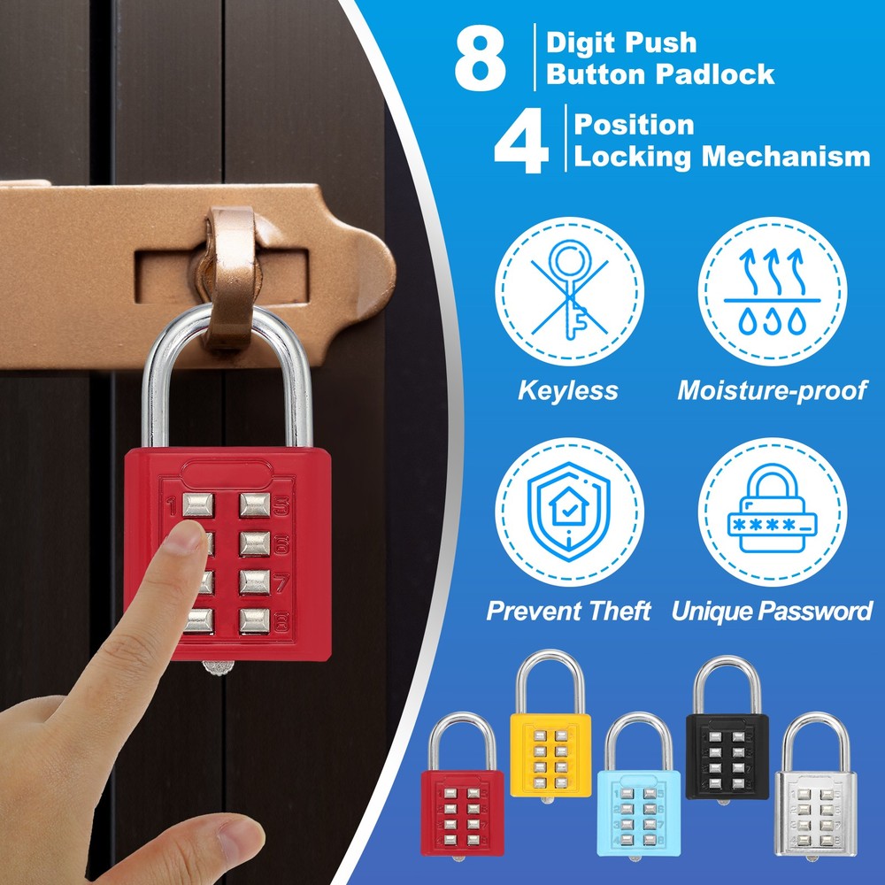 Push Button Combination Padlock 8-Digit 4-Position Lock Red