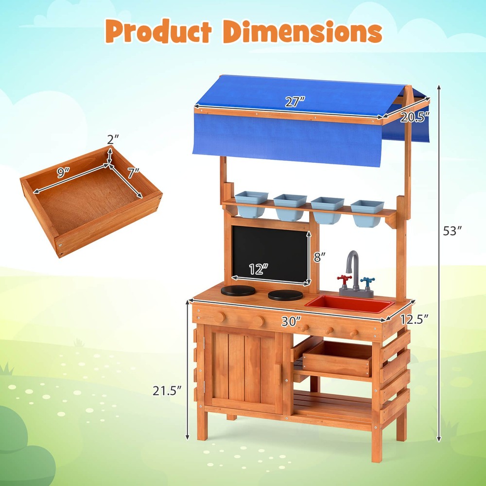 Mud Kitchen Wooden Pretend Play Kitchen with Height Adjustable Canopy