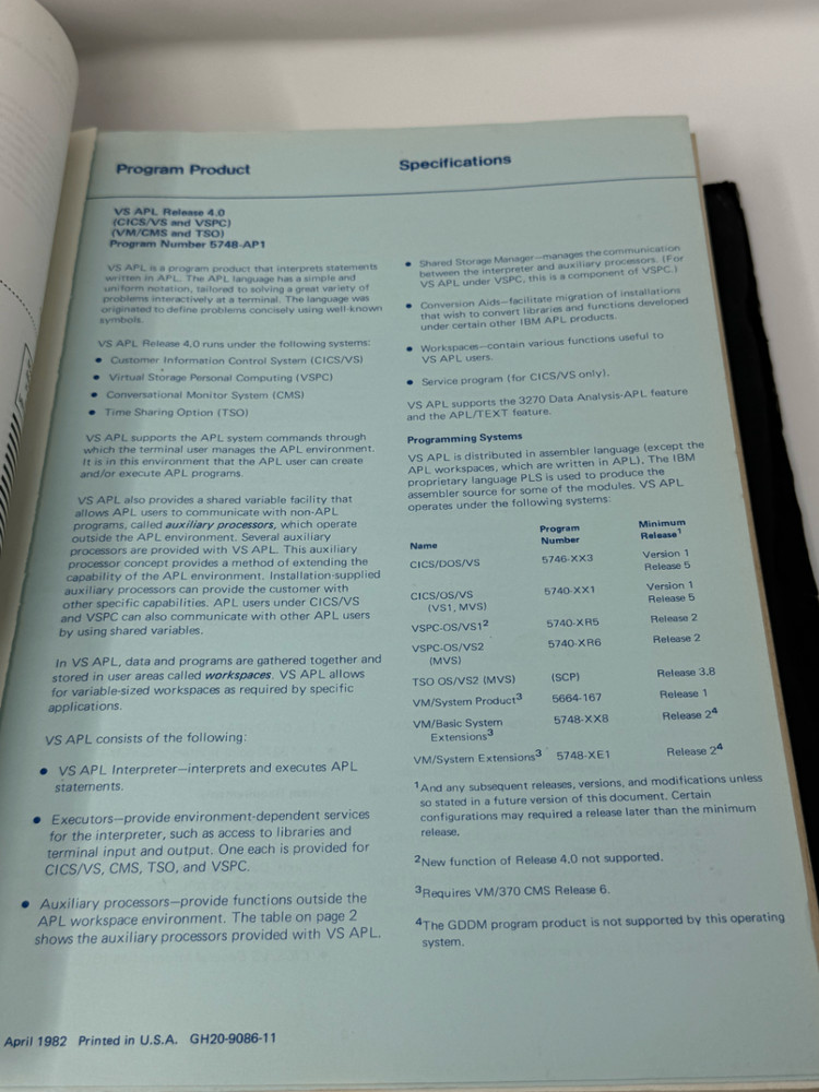 IBM APL Programming Manual Vintage Computer Reference 1982 Binder
