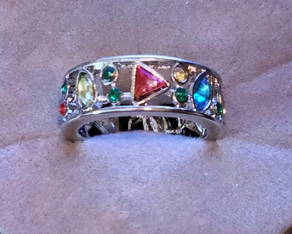 MULTI-COLORED MULTI-STONE SILVER OPEN WORK RING CIGAR BAND SILVER TONE