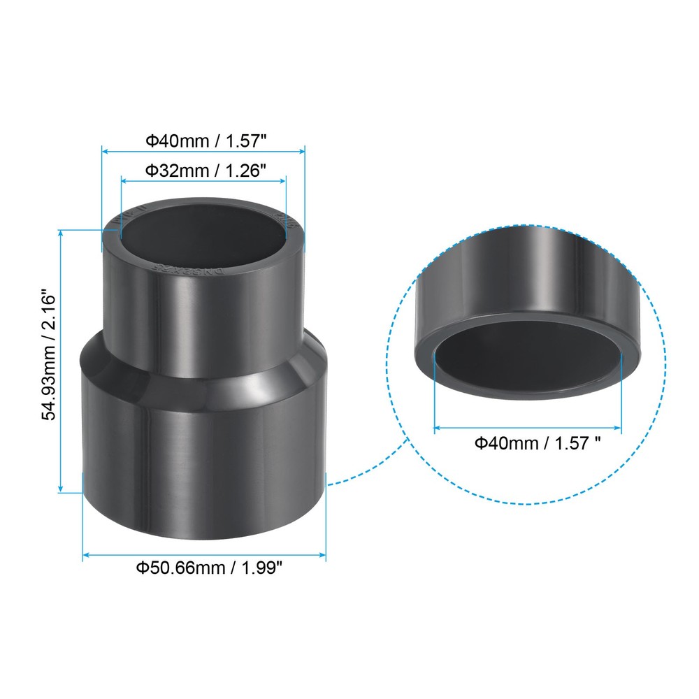 PVC Reducer Pipe Fitting 1.6x1.3" Socket Coupling Adapter Connector, Grey