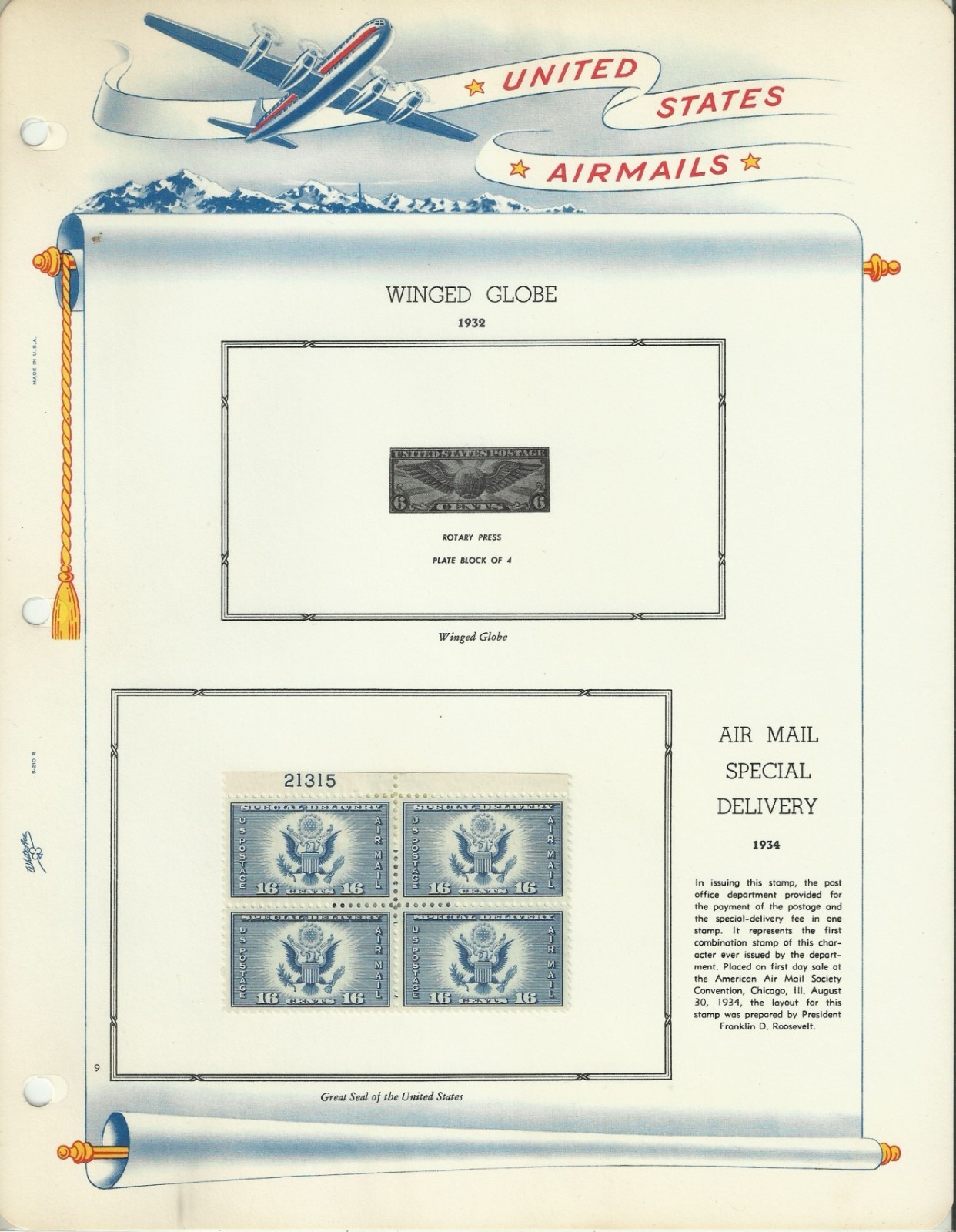 USA Stamps: Air Mail Plate Blocks & Singles on White Ace Album Pages. SCV $350+
