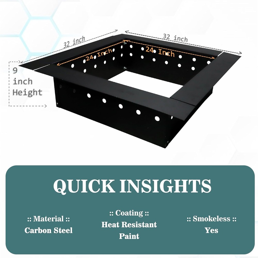 Fire Pit Ring Insert Square 32" OD & 24" ID With Coller Support & Air Vents