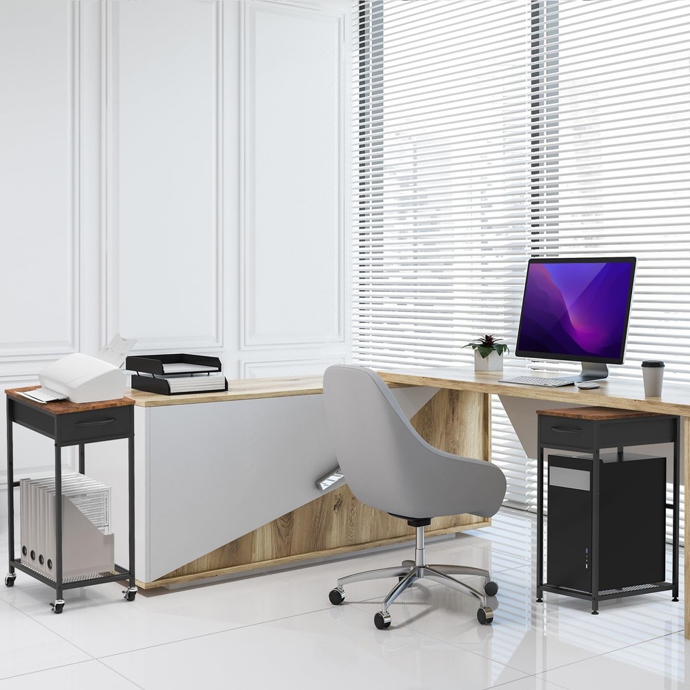 Computer Tower Stand PC with Storage Drawer 2 Tier Wood Brown