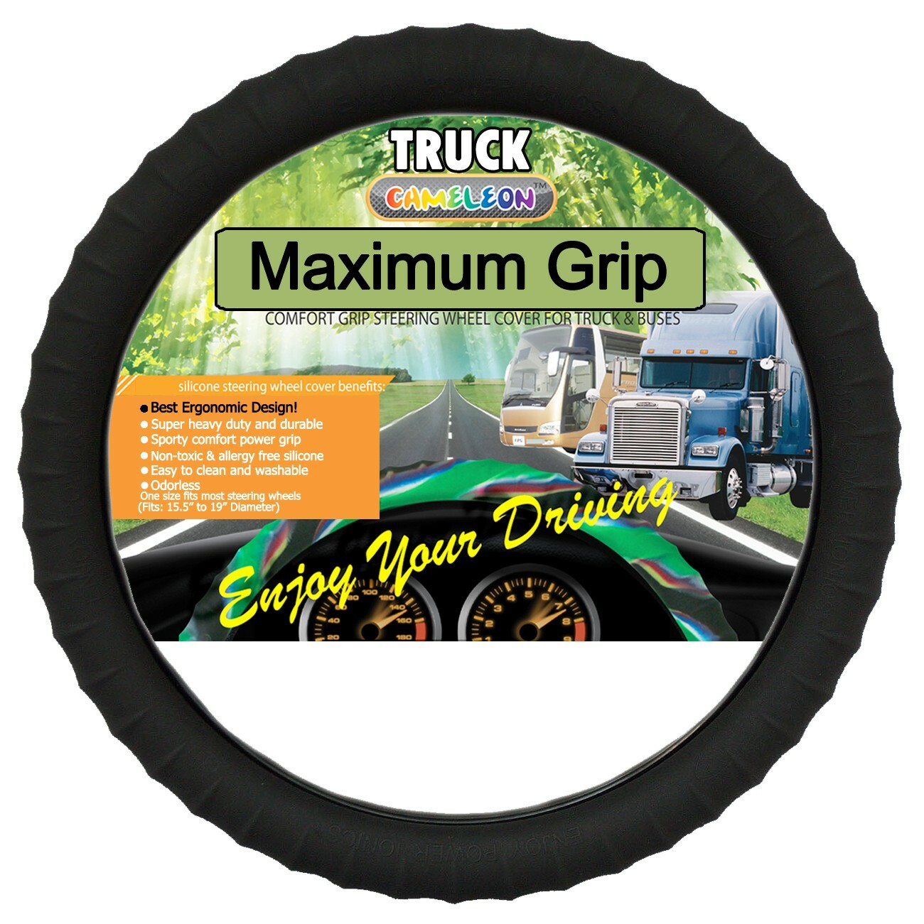 Silicone Semi-Truck Steering Wheel Cover Fits 16" 17" 18" 19"  Maximum Grip